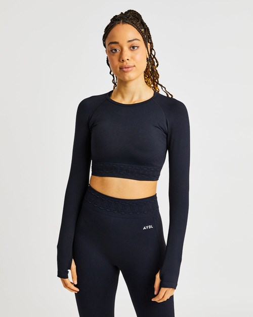 AYBL Elevate Seamless Long Sleeve Crop Top Czarne | 257408-JLI