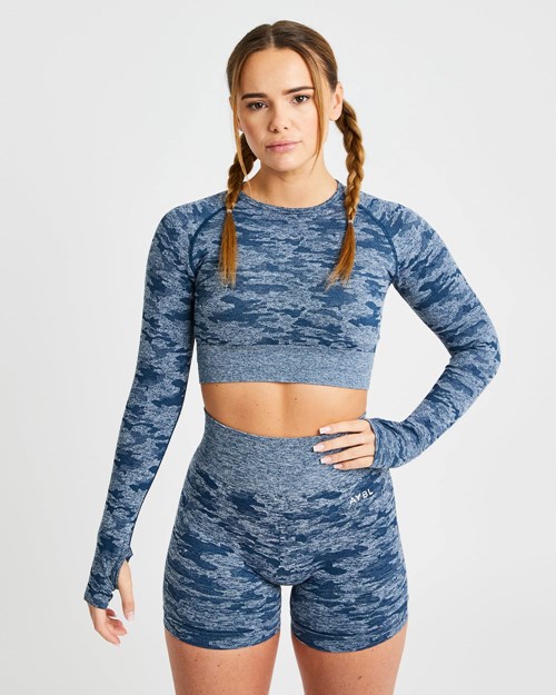 AYBL Evolve Camo Seamless Long Sleeve Crop Top Teal | 594216-VUM