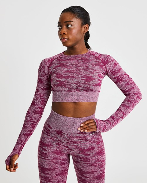 AYBL Evolve Camo Seamless Long Sleeve Crop Top Bordowe | 824357-ZPW