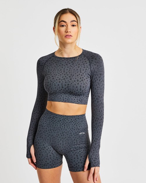 AYBL Evolve Speckle Seamless Long Sleeve Crop Top Charcoal | 524706-RWQ