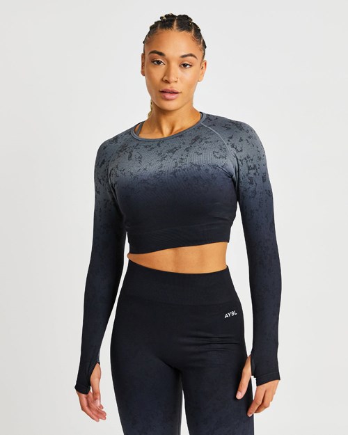 AYBL Flare Seamless Long Sleeve Crop Top Czarne | 128967-CVO