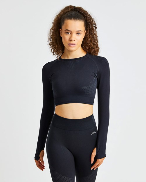 AYBL Ignite Seamless Long Sleeve Crop Top Czarne | 172053-WSF