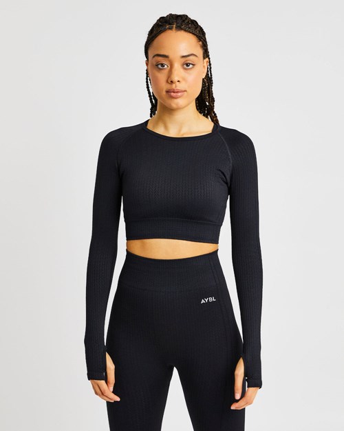 AYBL Luxe Seamless Long Sleeve Crop Top Czarne | 103279-ZIE