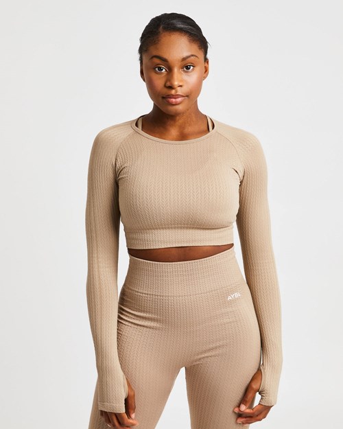 AYBL Luxe Seamless Long Sleeve Crop Top Mocha | 354197-MUT