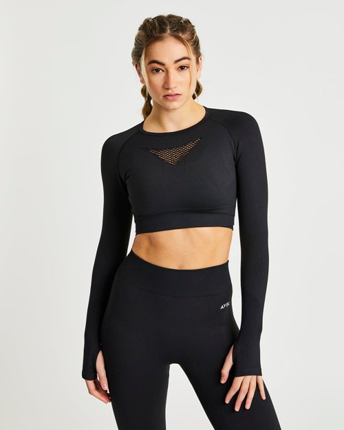 AYBL Motion Seamless Long Sleeve Crop Top Czarne | 215836-AHF