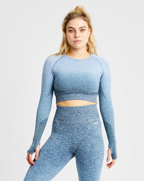 AYBL Pulse Ombré Seamless Long Sleeve Crop Top Teal | 365041-CQW