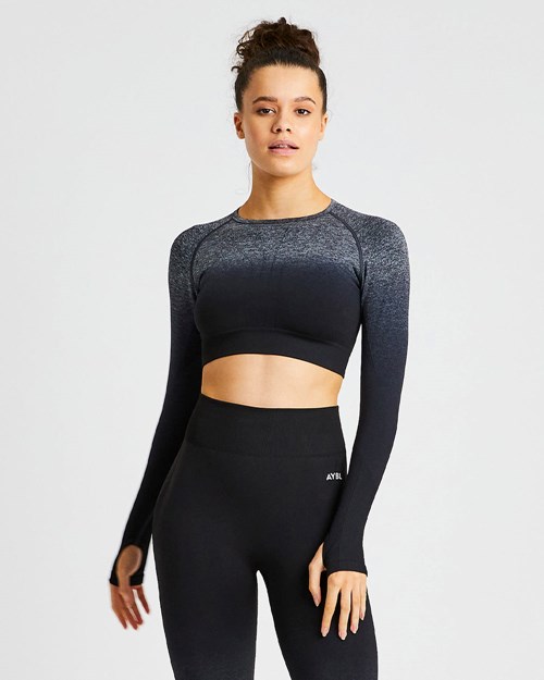 AYBL Pulse Ombré Seamless Long Sleeve Crop Top Black/Grey | 617058-QDE