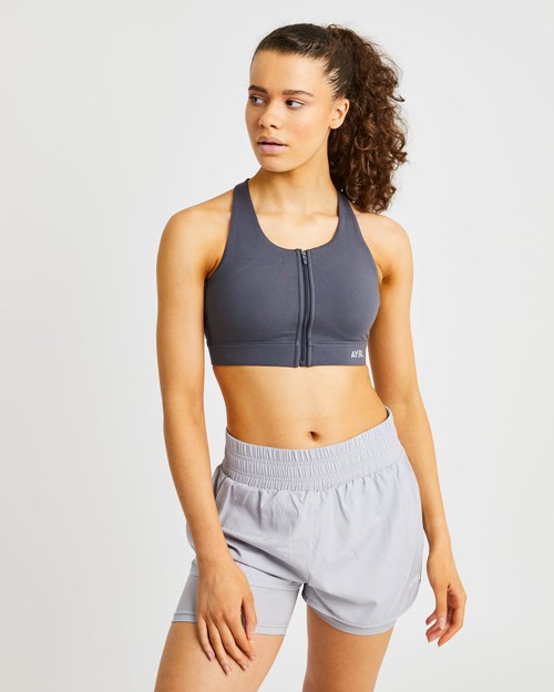 AYBL Sportive Zip Up Sports Bra Charcoal | 180496-ZUO