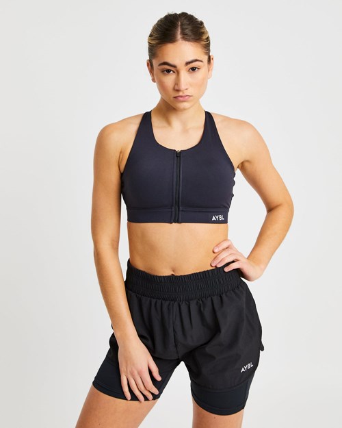 AYBL Sportive Zip Up Sports Bra Czarne | 978301-LFX