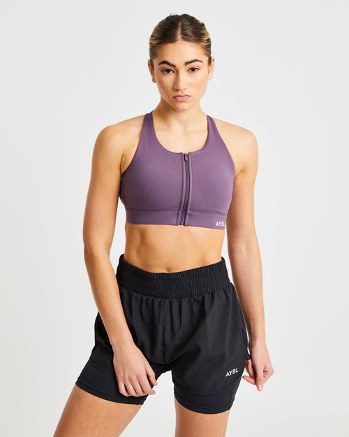 AYBL Sportive Zip Up Sports Bra Fioletowe | 592106-GSZ