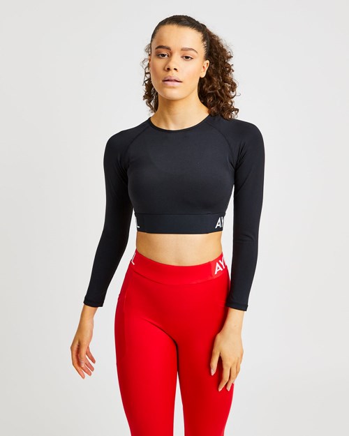 AYBL Treningowe Long Sleeve Crop Top Czarne | 047862-CEB