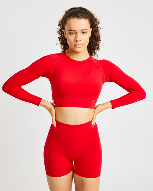 AYBL Treningowe Long Sleeve Crop Top Czerwone | 783912-YKV