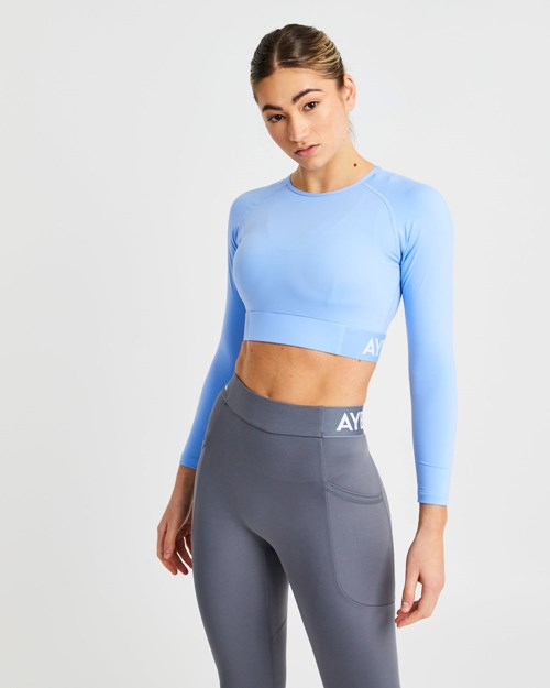 AYBL Treningowe Long Sleeve Crop Top Niebieskie | 074359-BFM