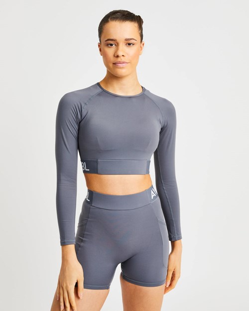 AYBL Treningowe Long Sleeve Crop Top Szare | 256731-ENT