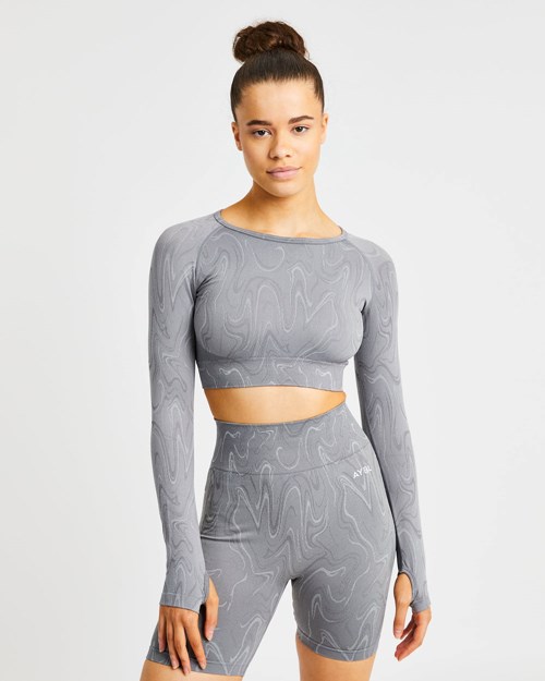 AYBL Velocity Seamless Long Sleeve Crop Top Szare | 396017-RQJ