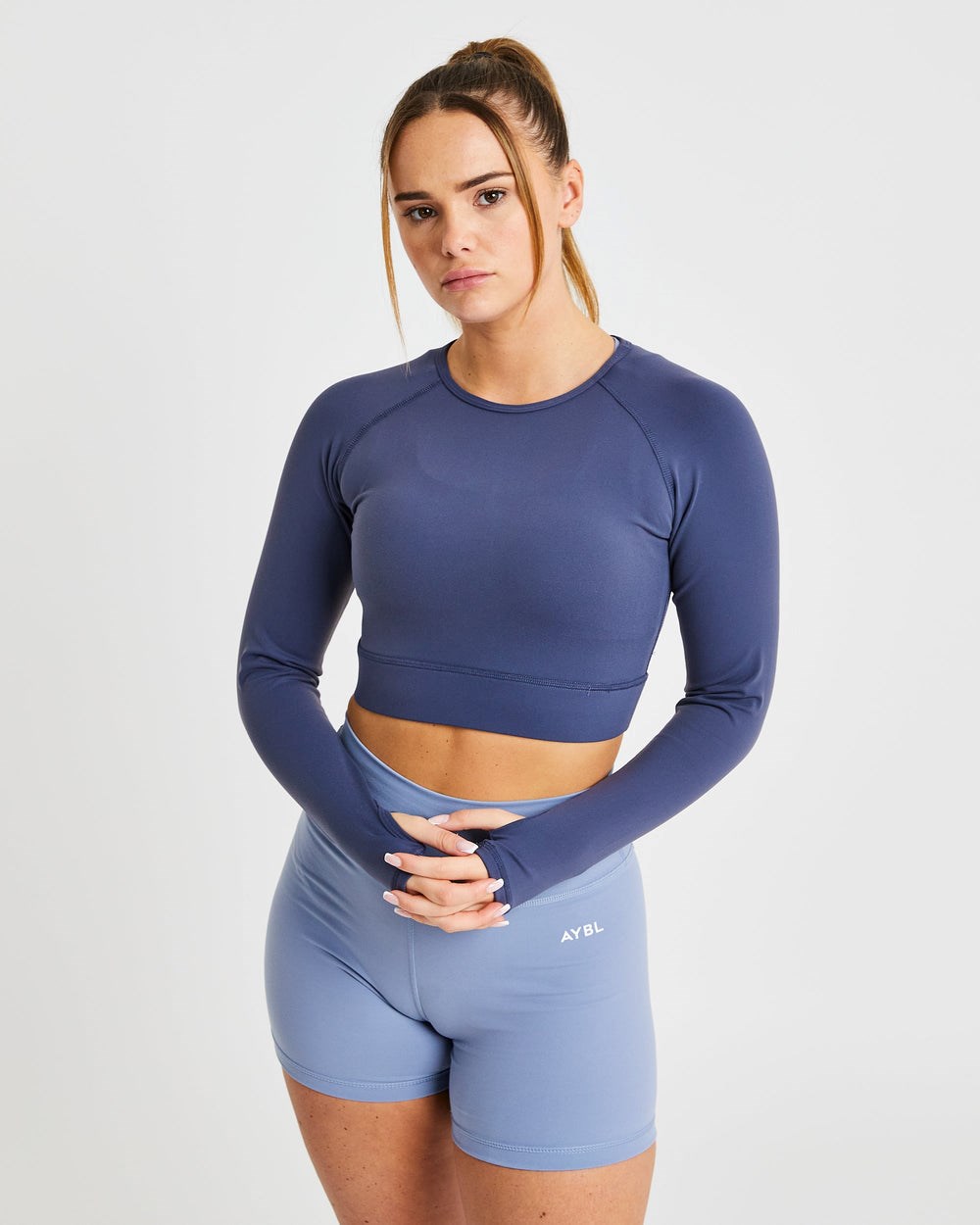 AYBL Core Long Sleeve Crop Top Granatowe Niebieskie | 602497-LMF