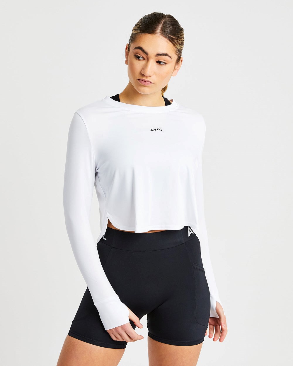 AYBL Define Long Sleeve Crop T Białe | 190268-AQK