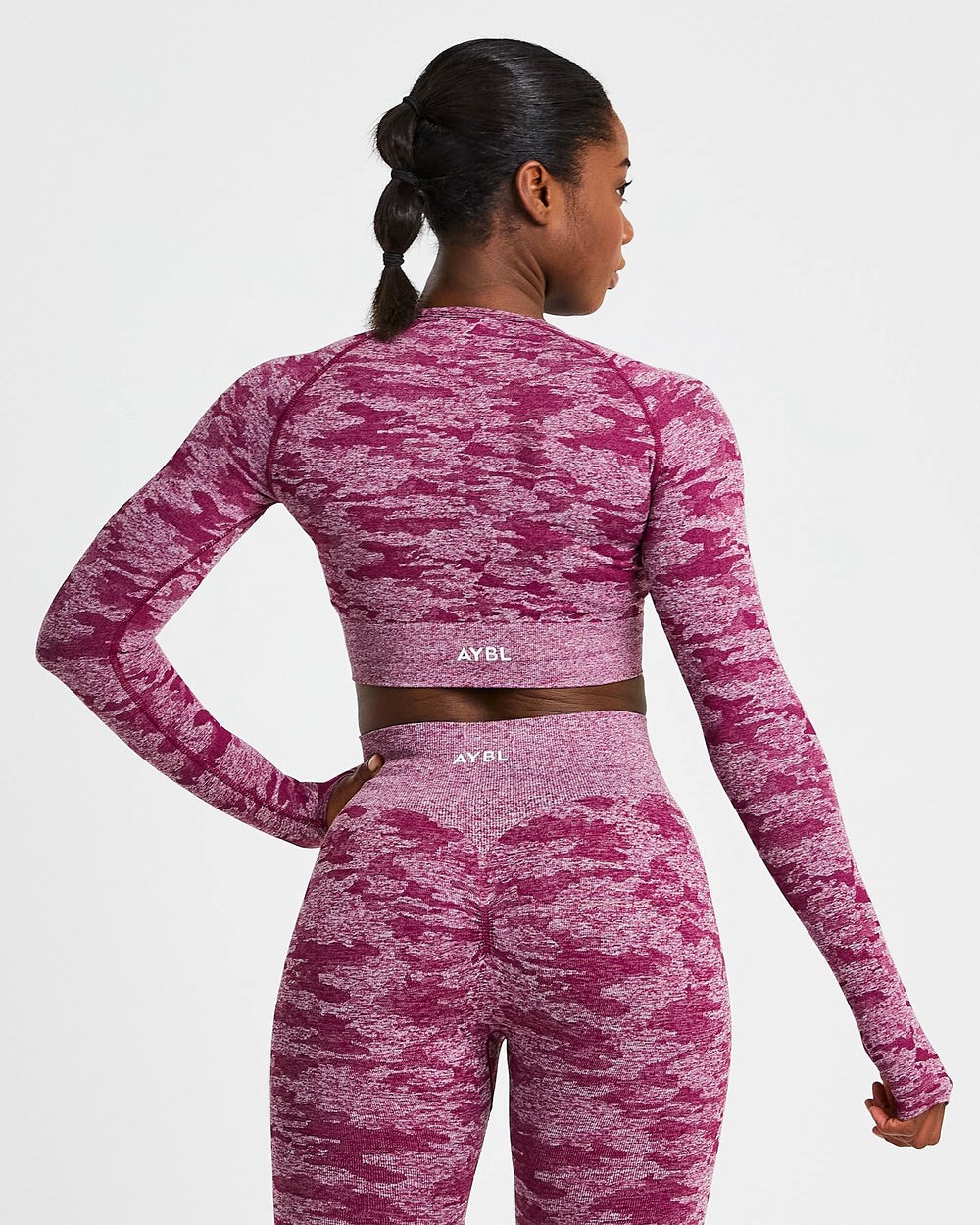 AYBL Evolve Camo Seamless Long Sleeve Crop Top Bordowe | 043186-QBY