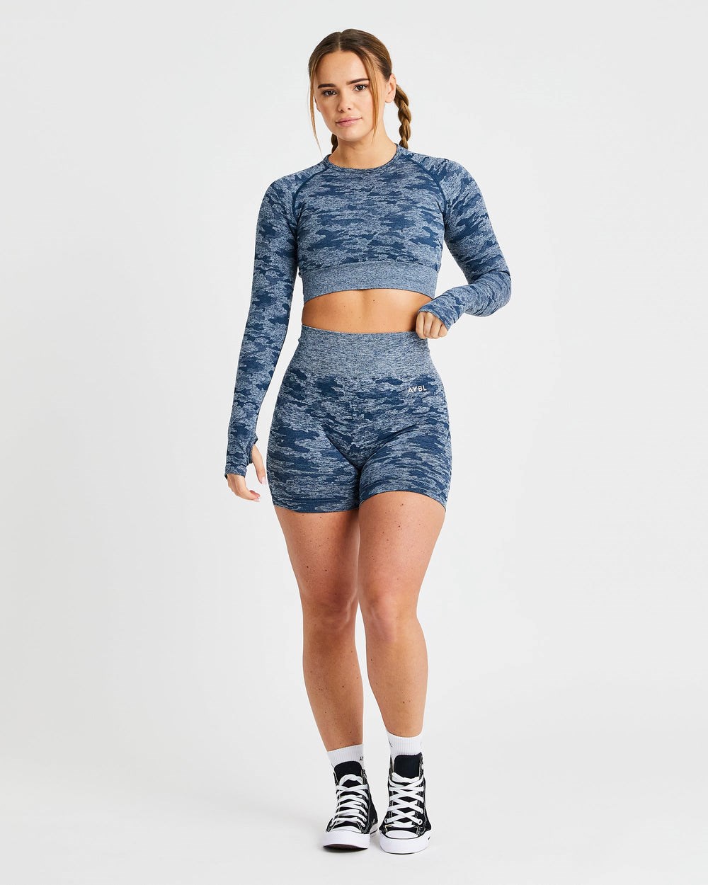 AYBL Evolve Camo Seamless Long Sleeve Crop Top Teal | 594216-VUM