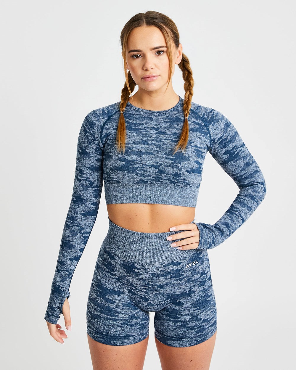 AYBL Evolve Camo Seamless Long Sleeve Crop Top Teal | 594216-VUM