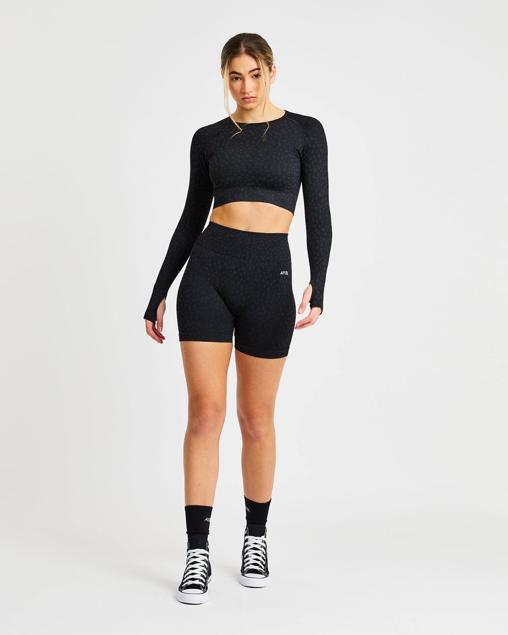 AYBL Evolve Speckle Seamless Long Sleeve Crop Top Czarne | 296403-OMQ