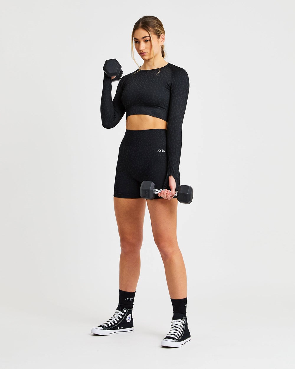 AYBL Evolve Speckle Seamless Long Sleeve Crop Top Czarne | 296403-OMQ