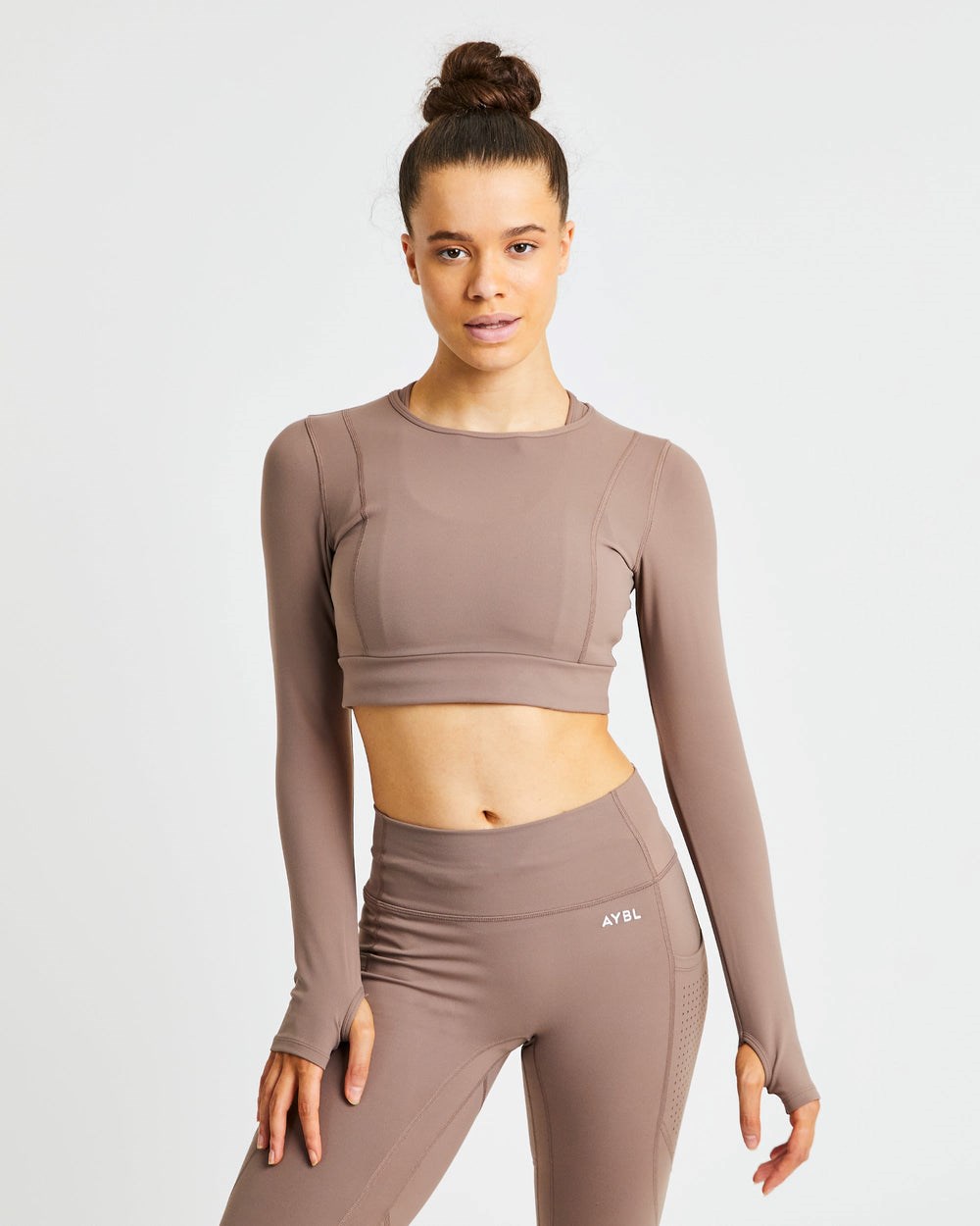 AYBL Pace Long Sleeve Crop Top Brązowe | 103754-EMZ