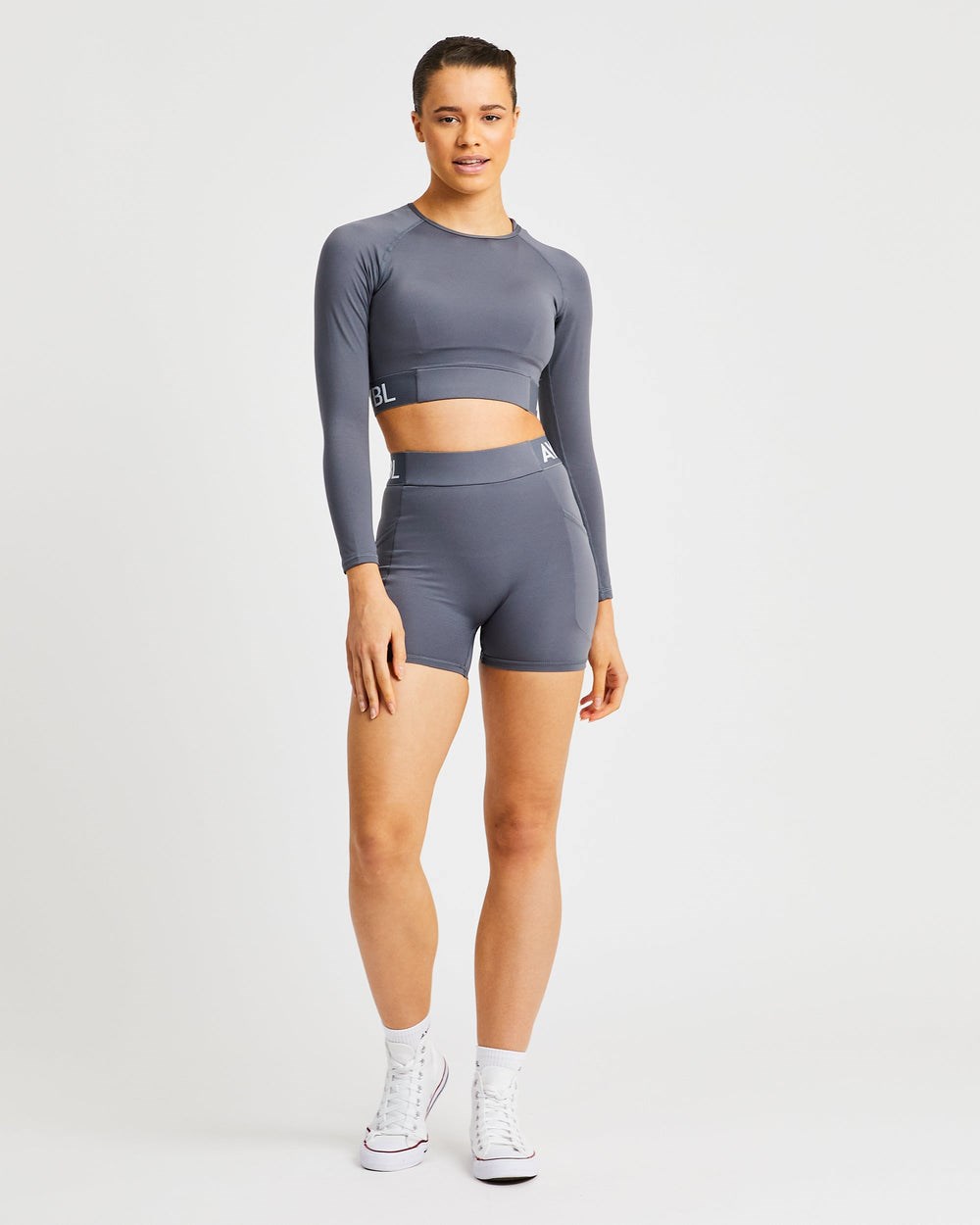 AYBL Treningowe Long Sleeve Crop Top Szare | 256731-ENT