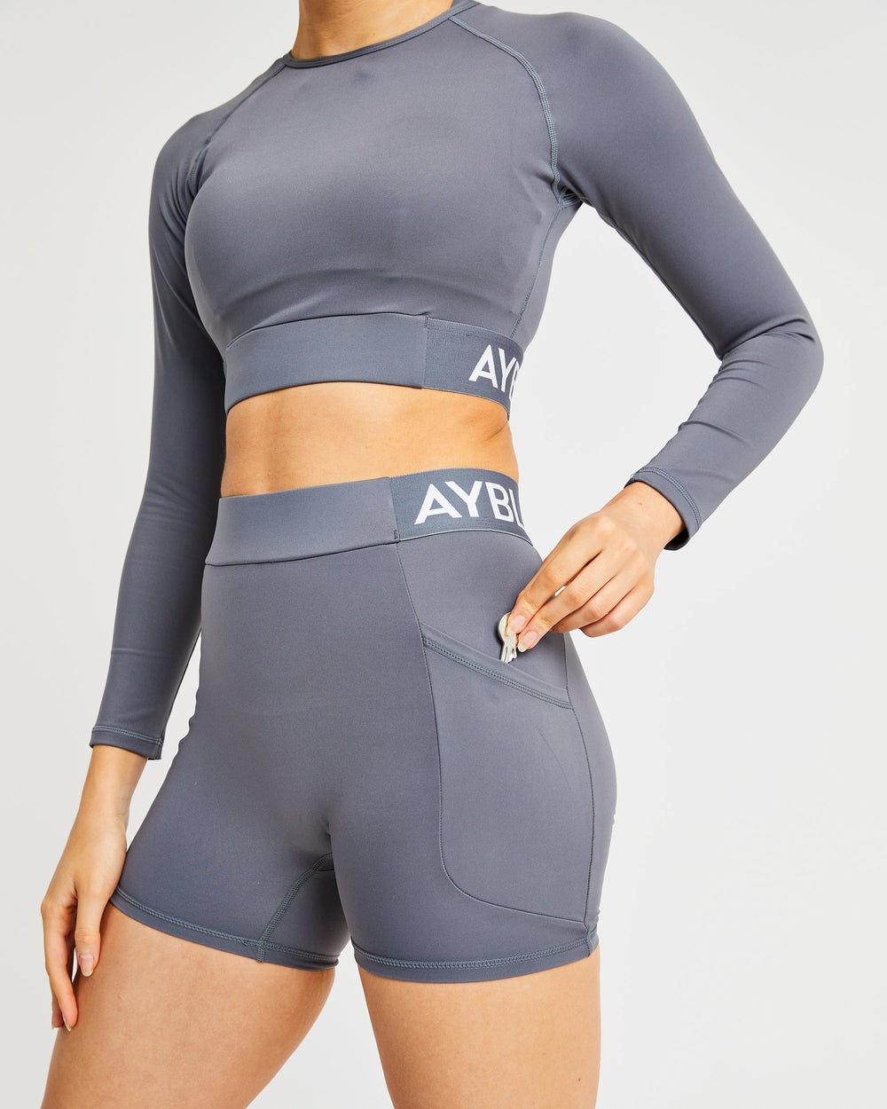 AYBL Treningowe Long Sleeve Crop Top Szare | 256731-ENT